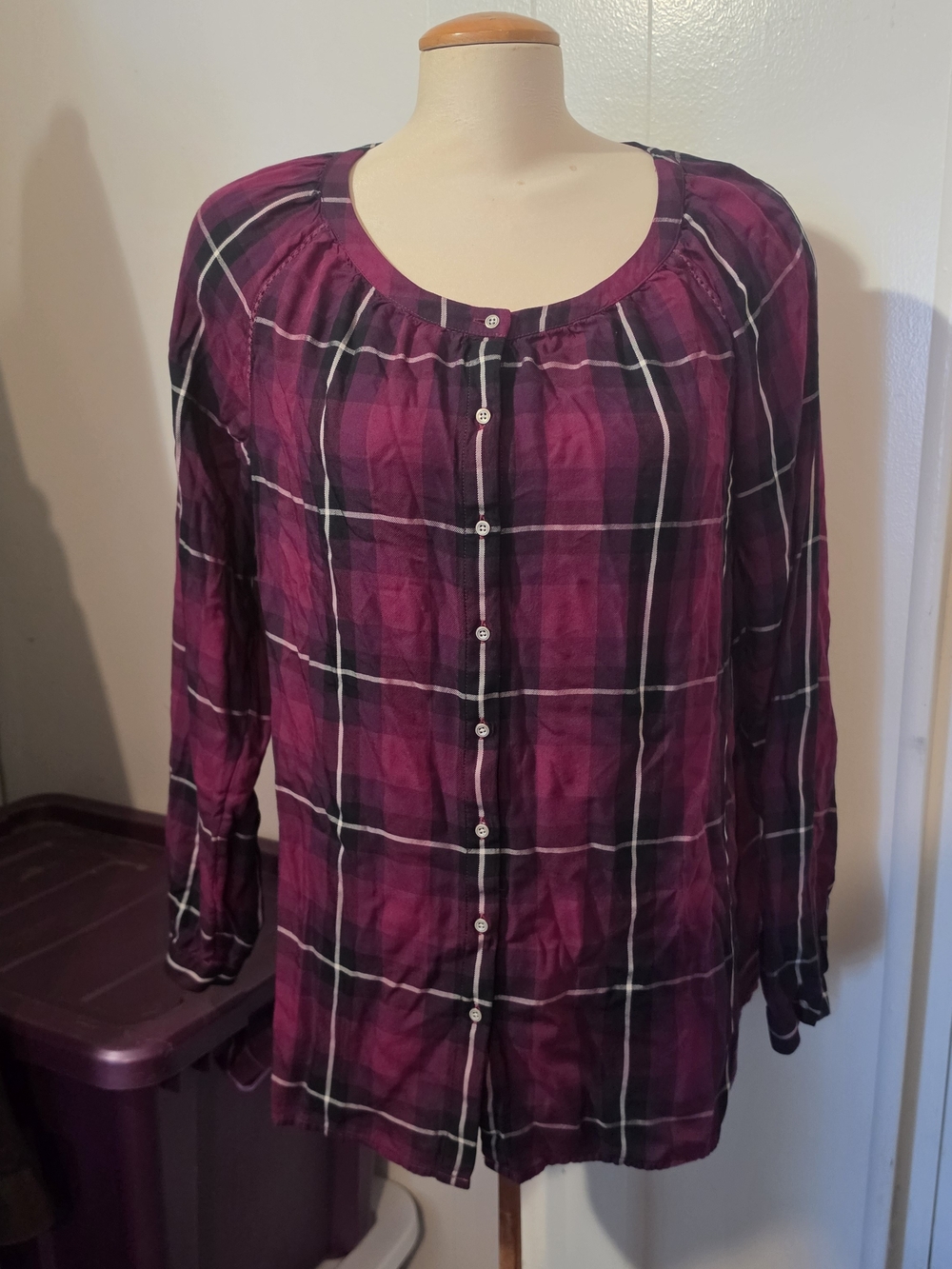 J. Jill Purple Plaid Button-Down Scoop Neck Shirt